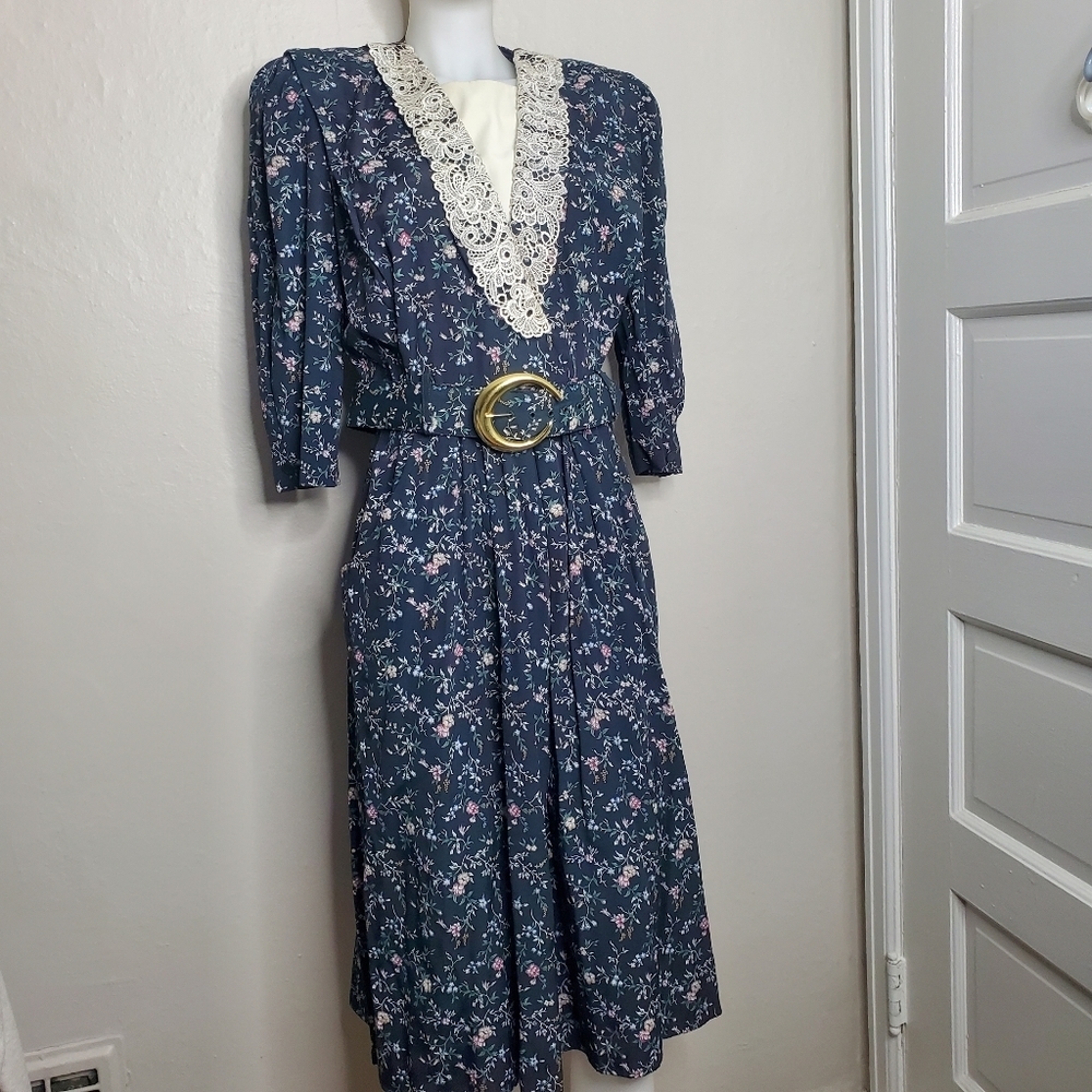 Vintage 80s Floral Dress Prairie Lace Costume Halloween